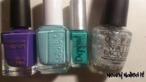 Max Factor: Lilac Lace; Essie Mint Candy Apple ;  Depend in 54; and OPI in Pirouette My Whistle.